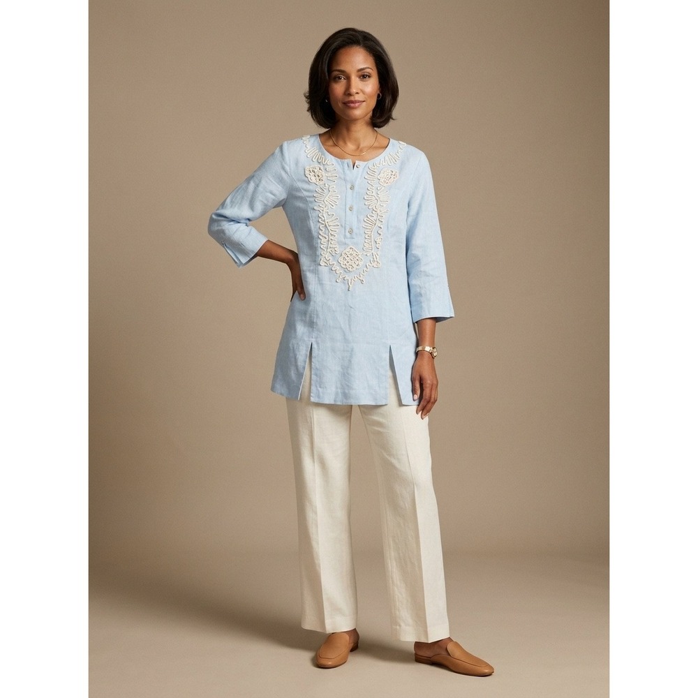 Brooks Brothers Tunic Top Women Blue Linen Embroidered 3/4 Sleeve Slit Hem Siz 8